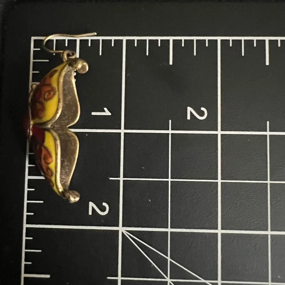 Vintage Enamel Butterfly Dangle Drop Earrings Yellow Red Purple 2